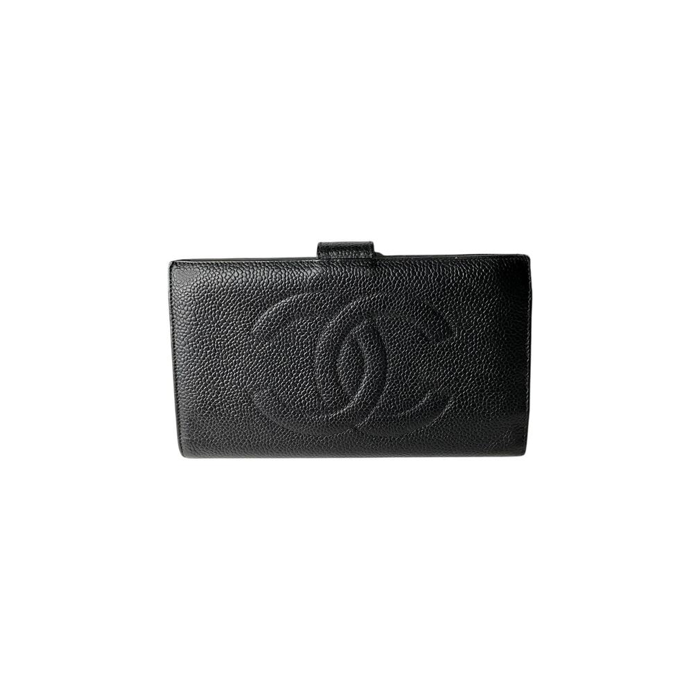CHANEL Black Quilted Caviar Leather Wallet with Embossed CC